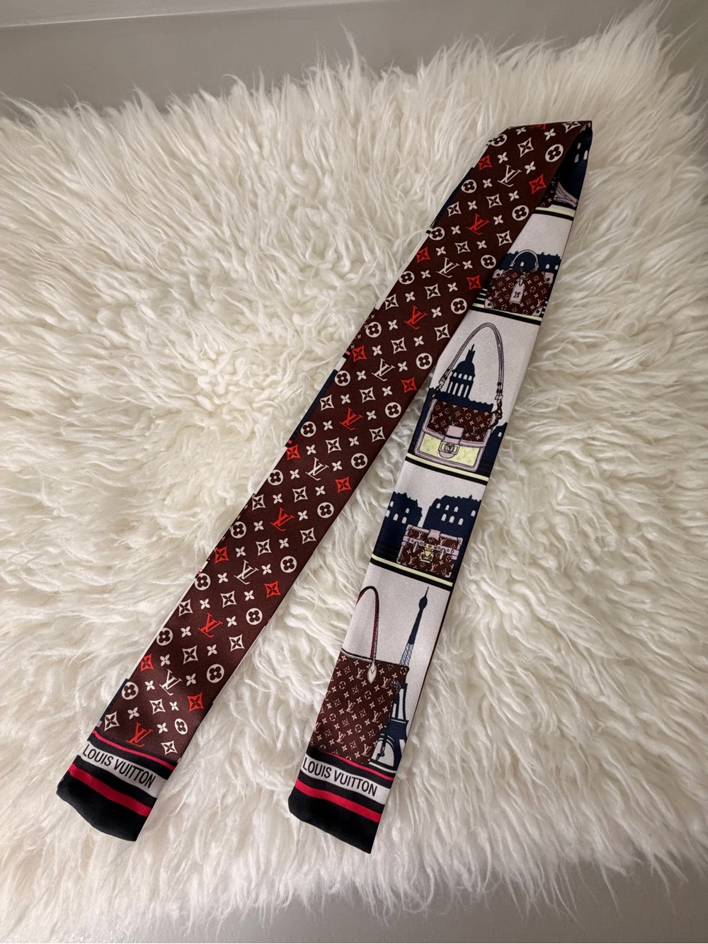 Brown and Red Monogram Silk Twilly Scarf
